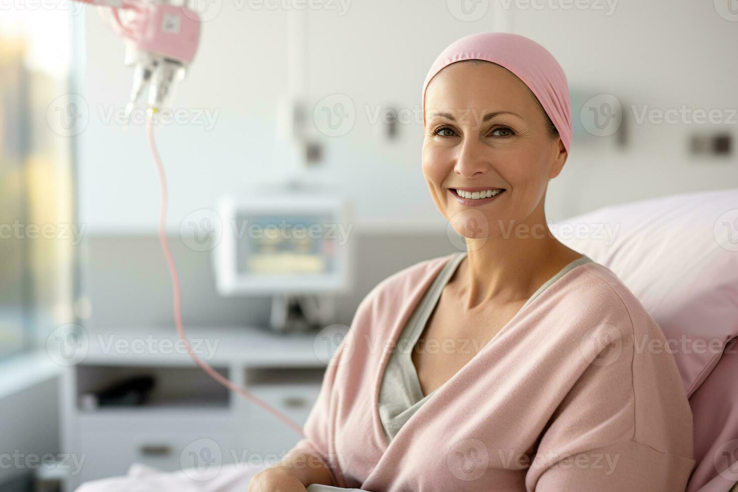 Happy cancer patient. Smiling woman after chemotherapy treatment at hospital oncology department. Breast cancer recovery. Breast cancer survivor. Portrait smiling bald woman. Generative AI. photo