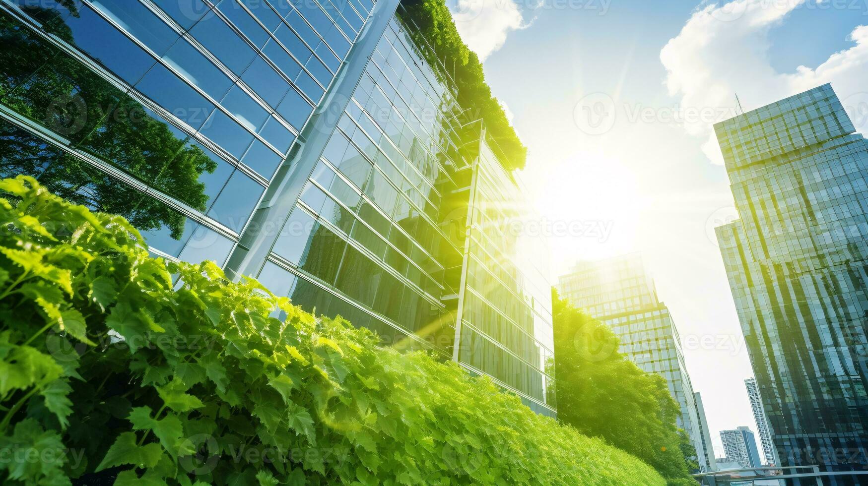 Eco-friendly building in the modern city. Sustainable glass office building with tree for reducing carbon dioxide. Office building with green environment. Corporate building reduce CO2. Generative AI. photo