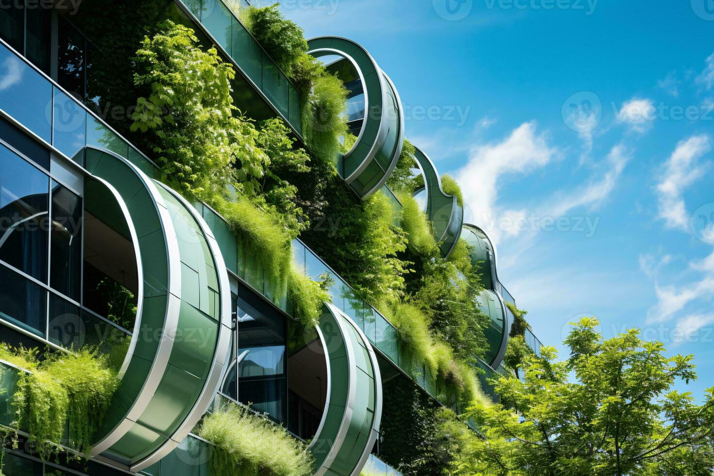 Eco-friendly building in the modern city. Sustainable glass office building with tree for reducing carbon dioxide. Office building with green environment. Corporate building reduce CO2. Generative AI photo