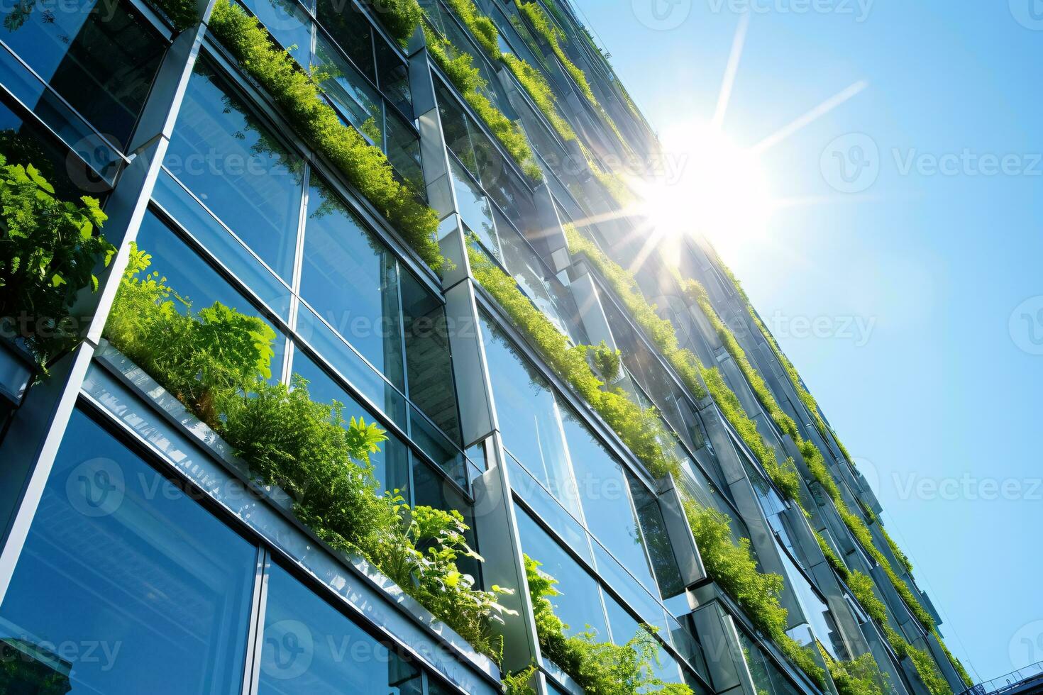 Eco-friendly building in the modern city. Sustainable glass office building with tree for reducing carbon dioxide. Office building with green environment. Corporate building reduce CO2. Generative AI photo