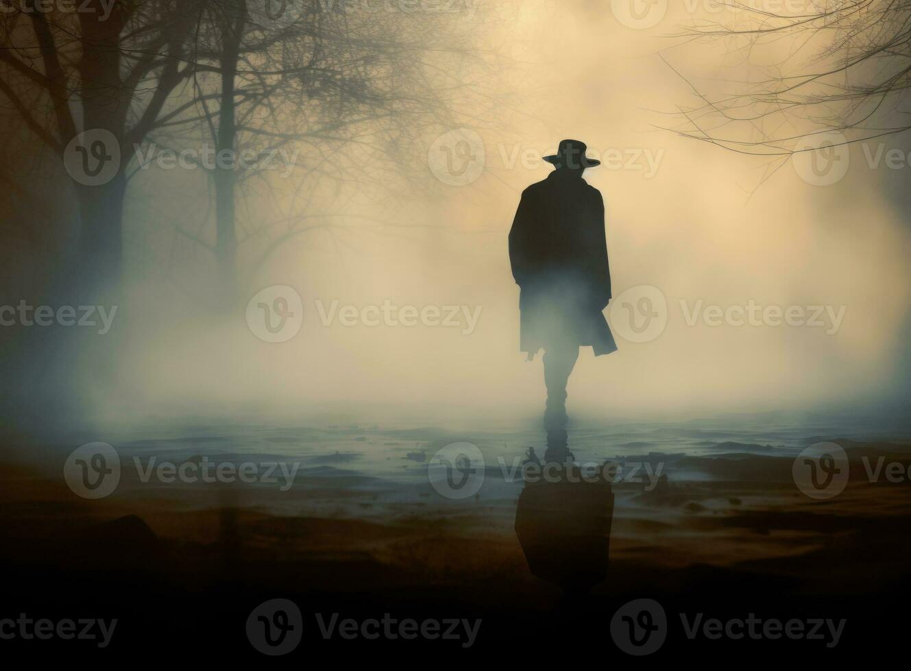 Silhouette of a man in a long coat and hat in a fog. AI Generated photo