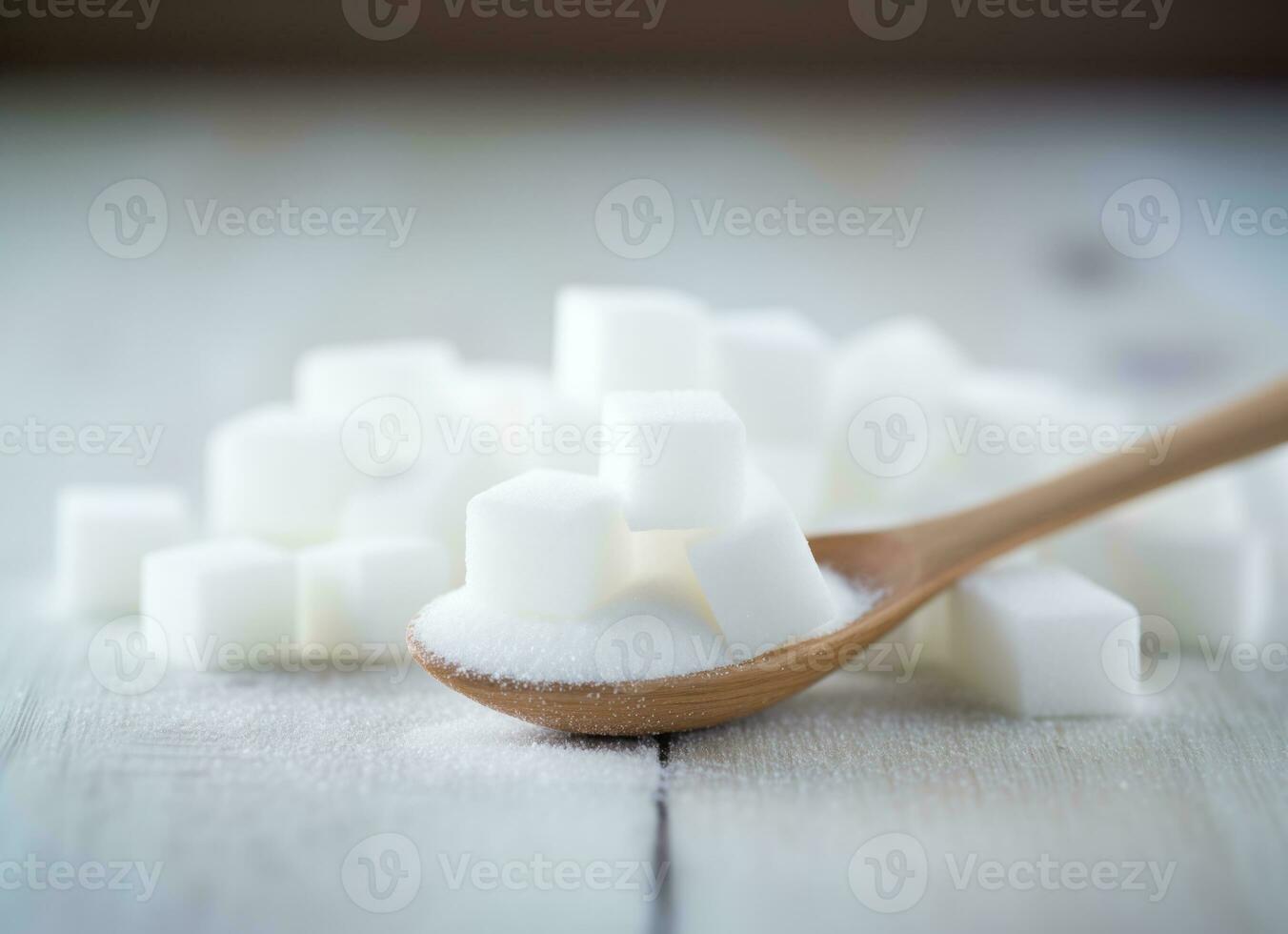 Pile of sugar cubes on a wooden table with a spoon. AI Generated photo
