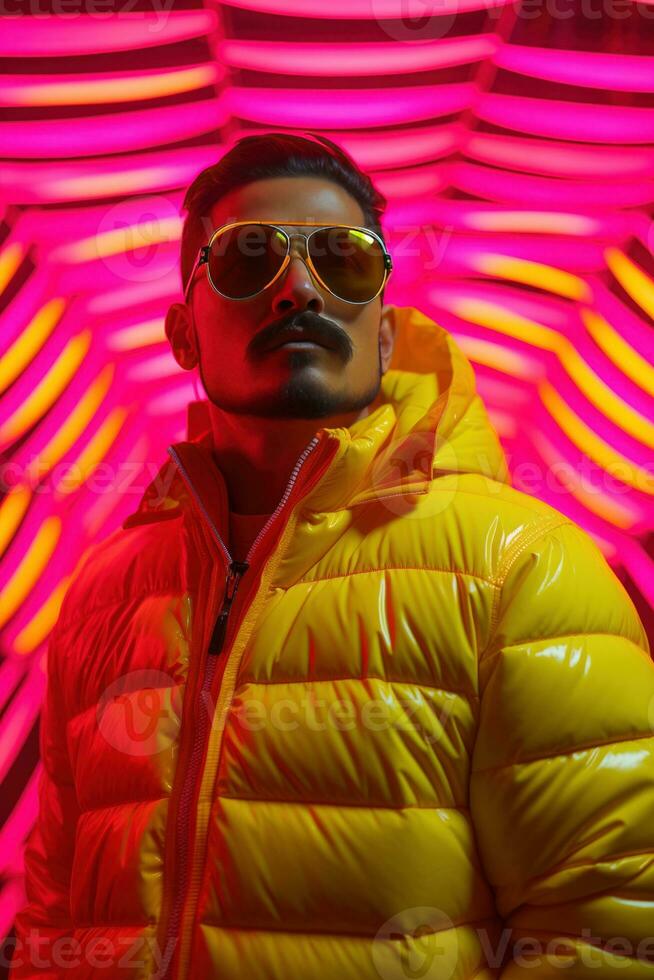 Trendy Indian man with a neon-light background. AI Generated photo