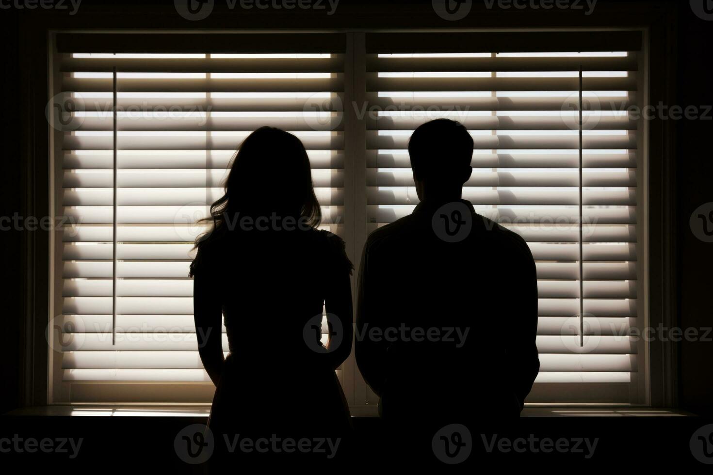 Silhouette of a couple facing a window with blinds. AI Generated photo