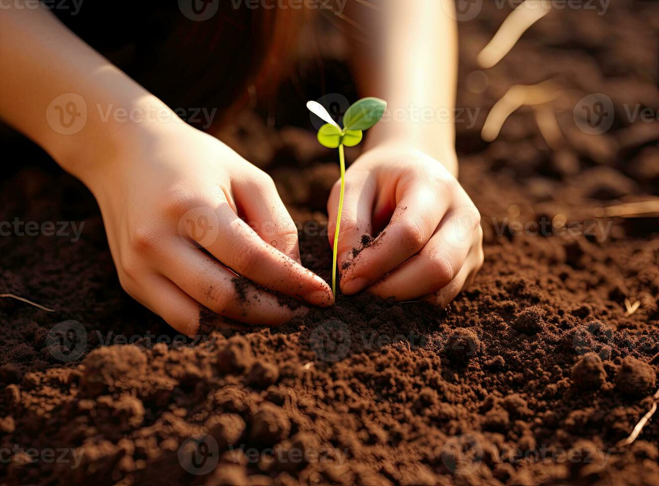 Hands planting a sapling in the soil. Earth Day. AI Generated photo