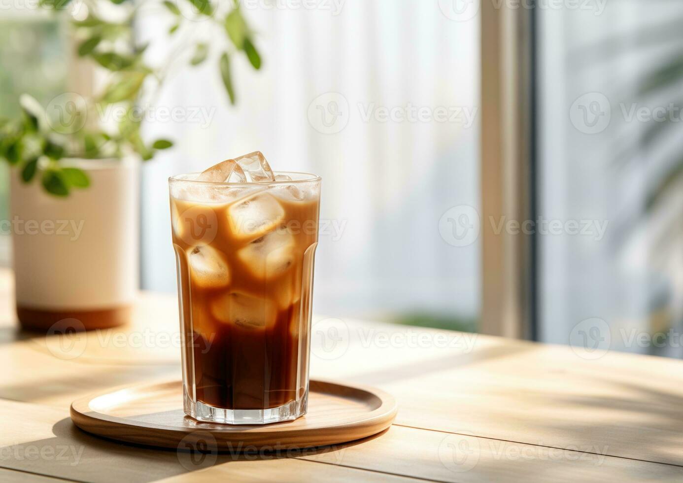 A glass of iced coffee on a wooden table in a cafe. AI Generated photo
