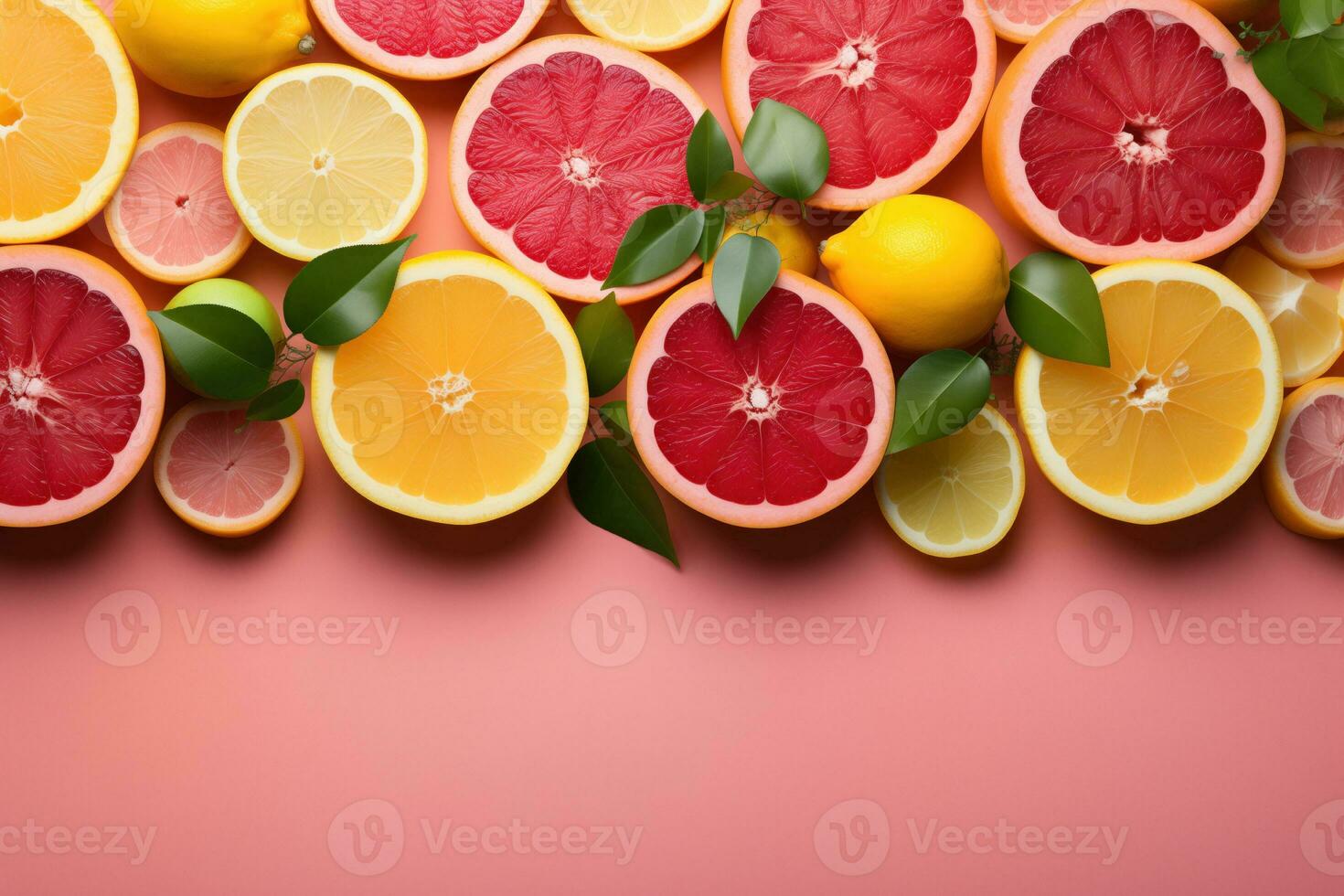 Different types of citrus fruit on pink copy space. AI Generated photo