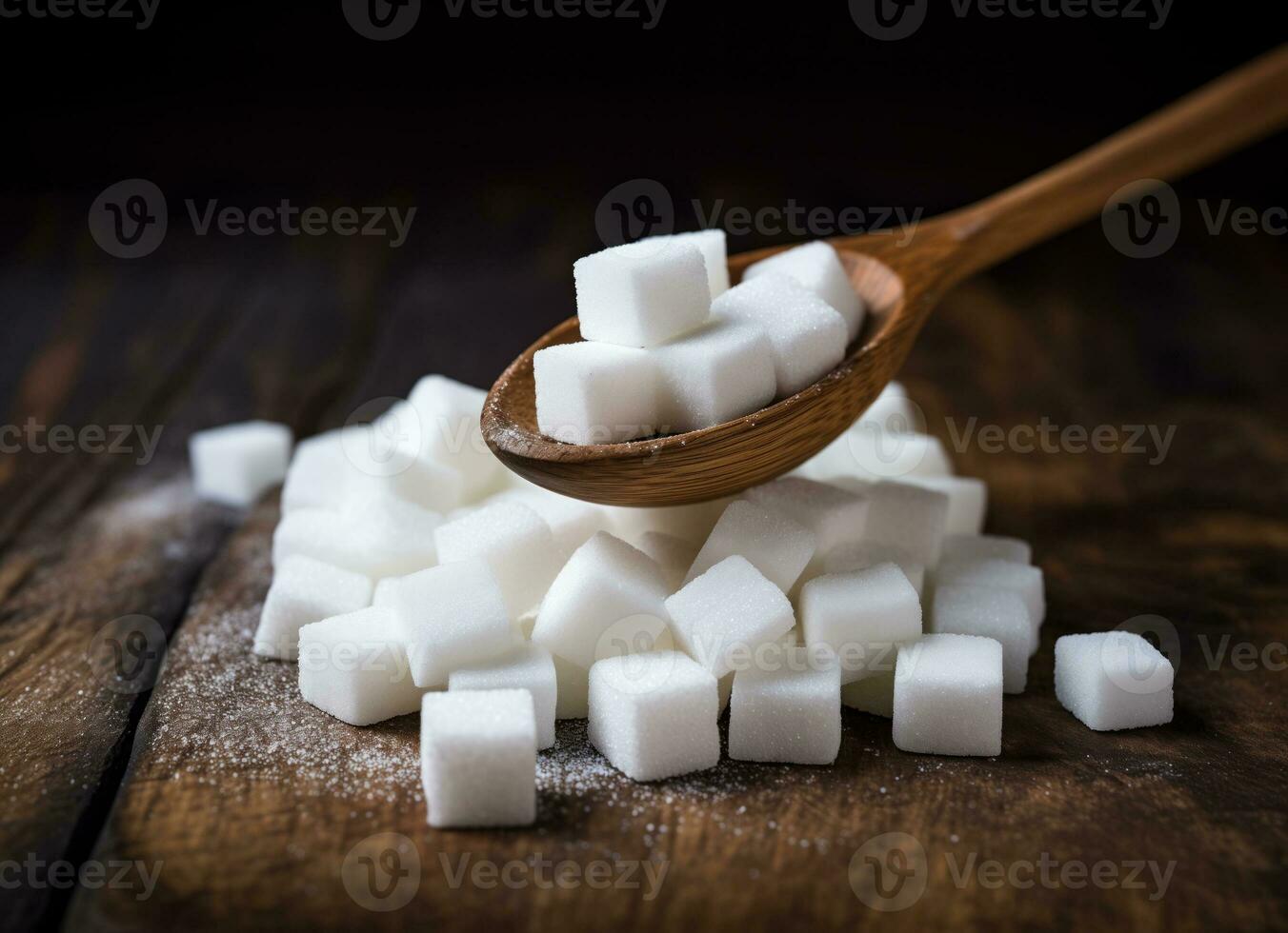 Sugar cubes on a wooden table and a spoon. AI Generated photo