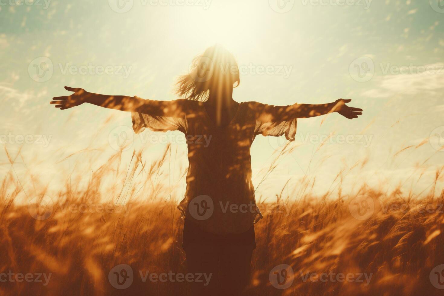 A girl with her arms outstretched in a field. AI Generated photo