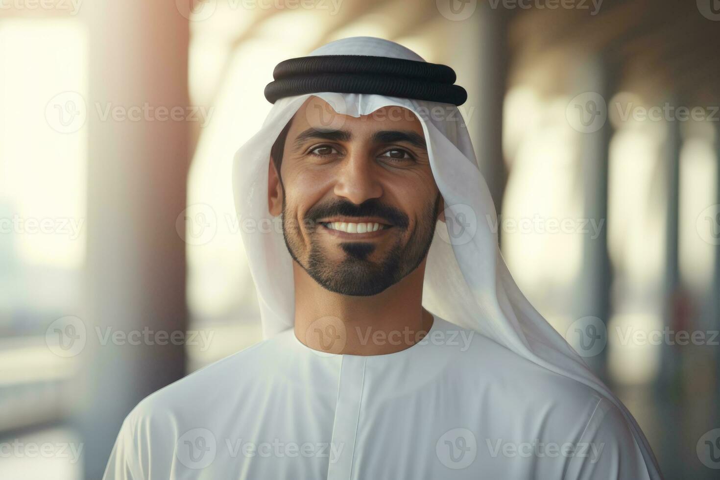 A smiling Arabian man wearing traditional clothing. AI Generated photo