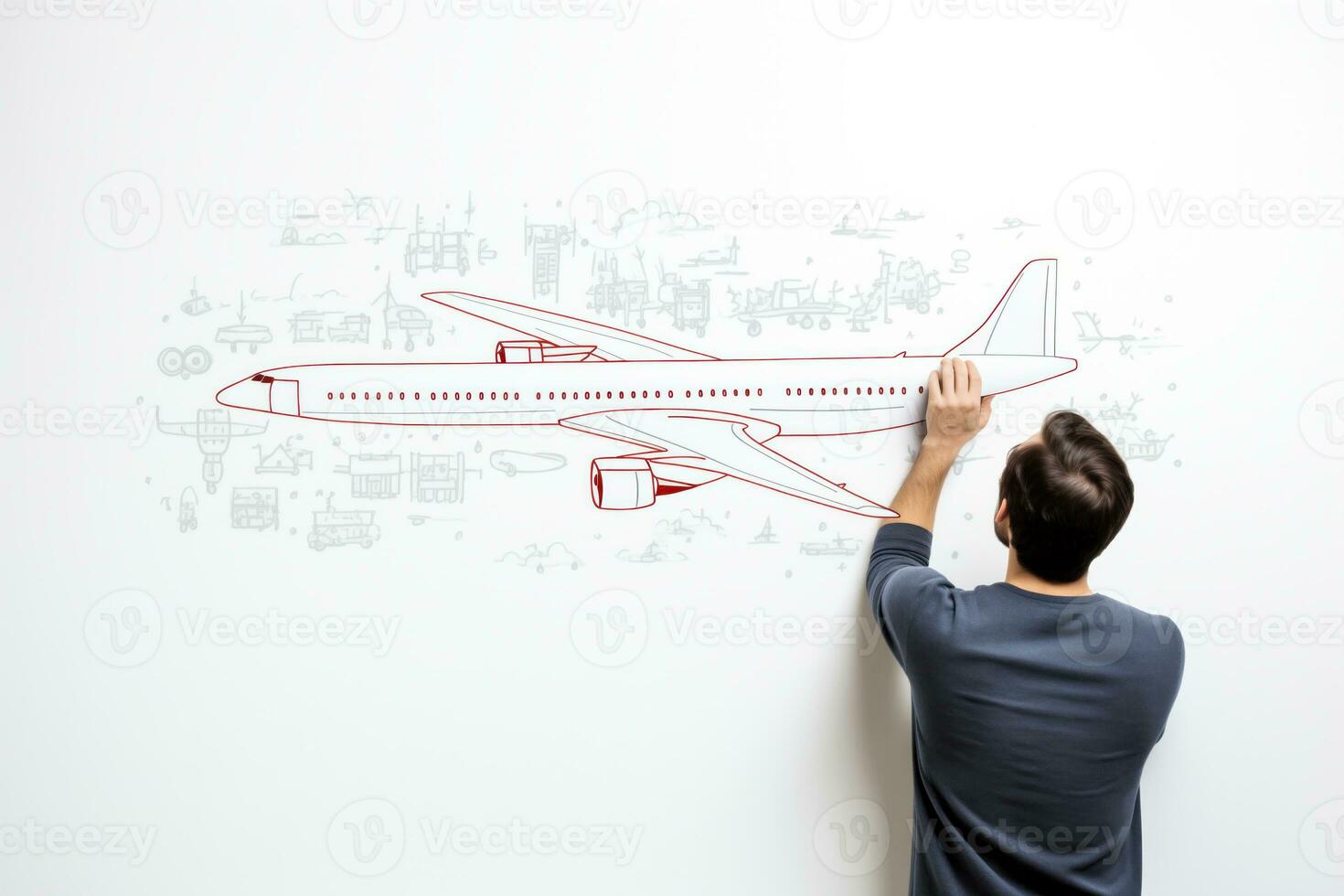 hombre dibujo avión bosquejo en un blanco pared. ai generado foto