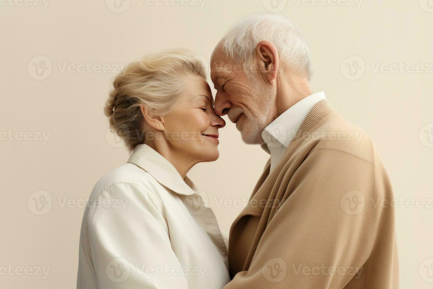 A Caucasian senior couple embracing each other. AI Generated photo