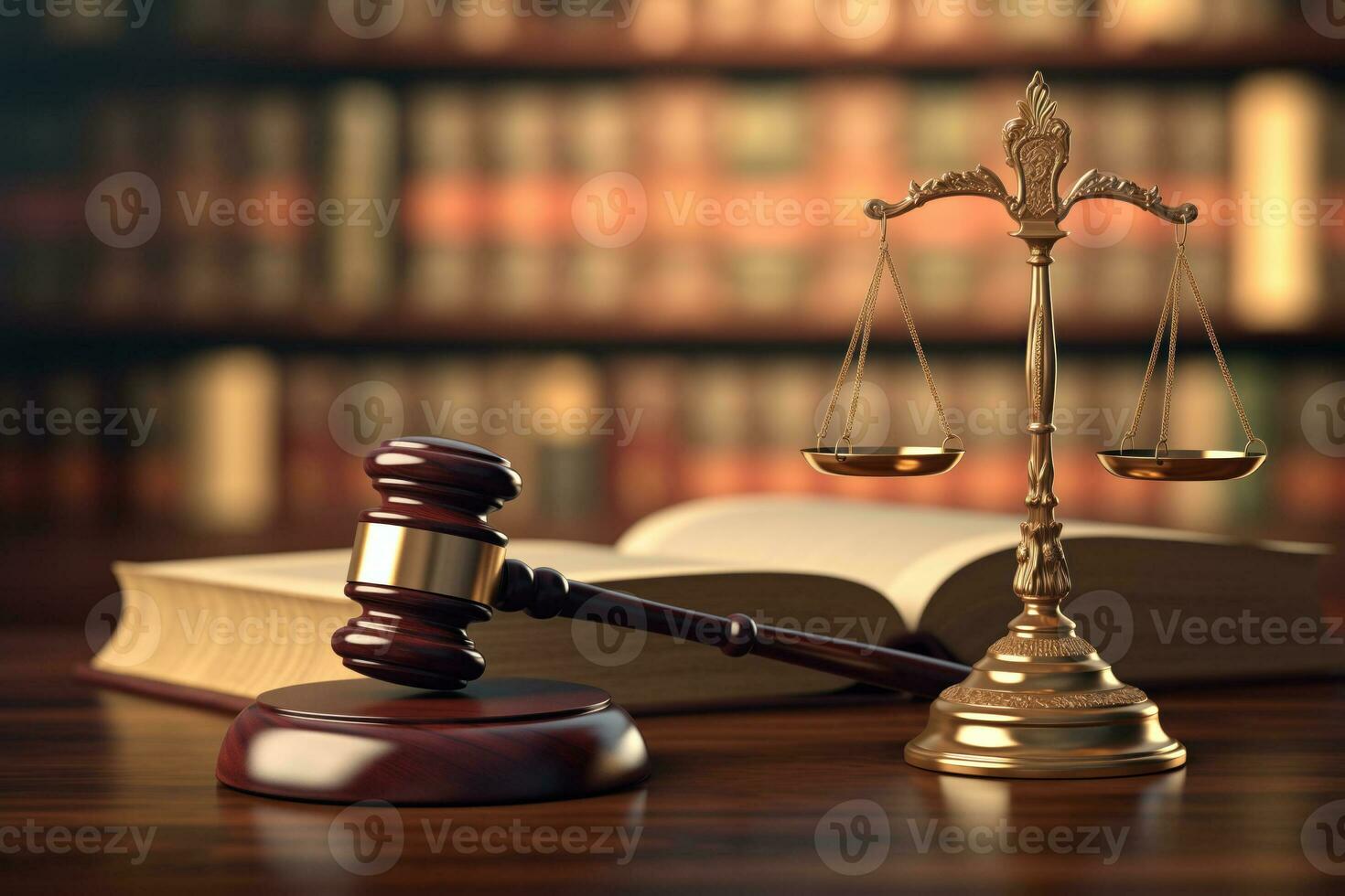 A gavel, scales of justice, and law book on a table. AI Generated photo