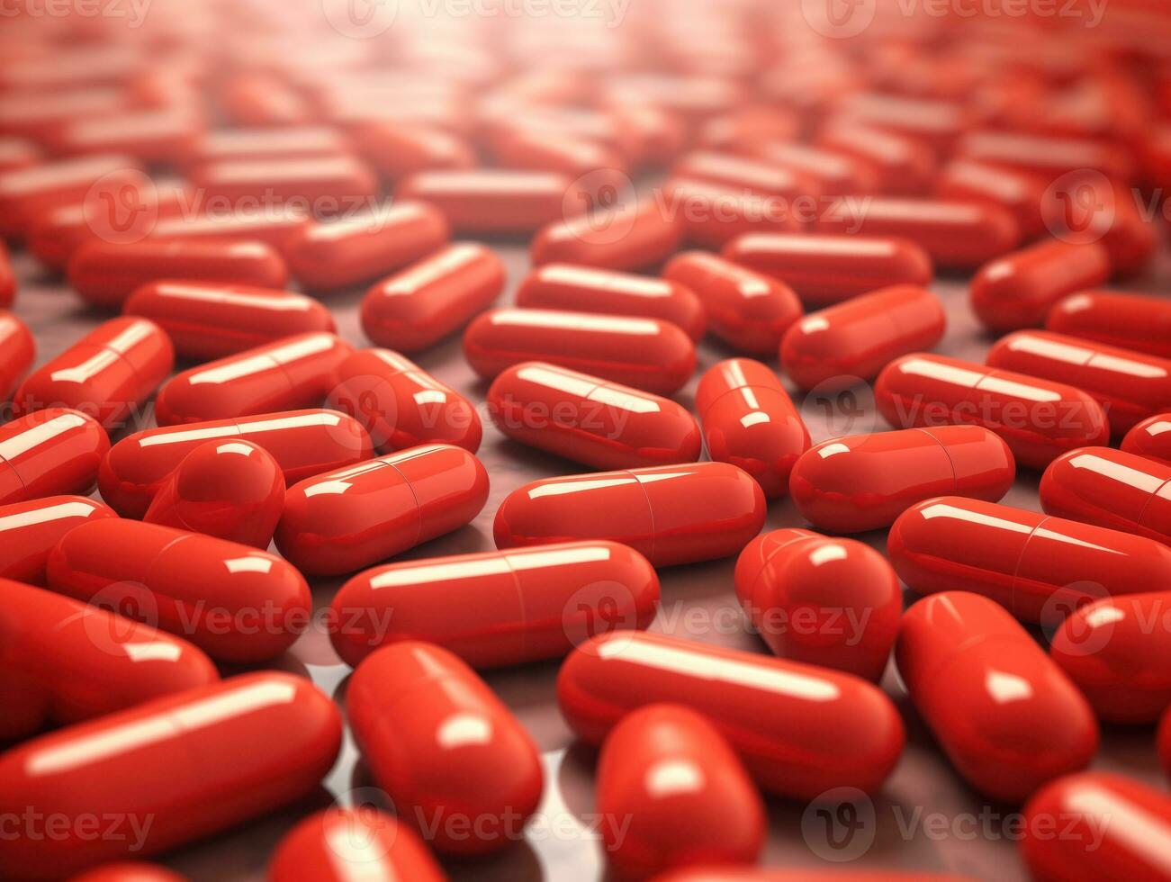 Abstract background of red pills scattered. AI Generated on a surface photo