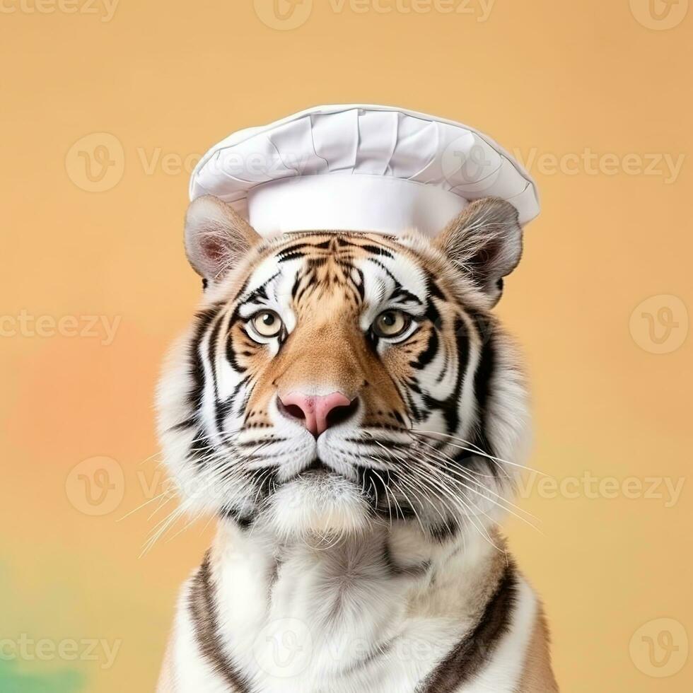 Tiger dressed in chef uniform, complete with toque hat. AI Generative photo