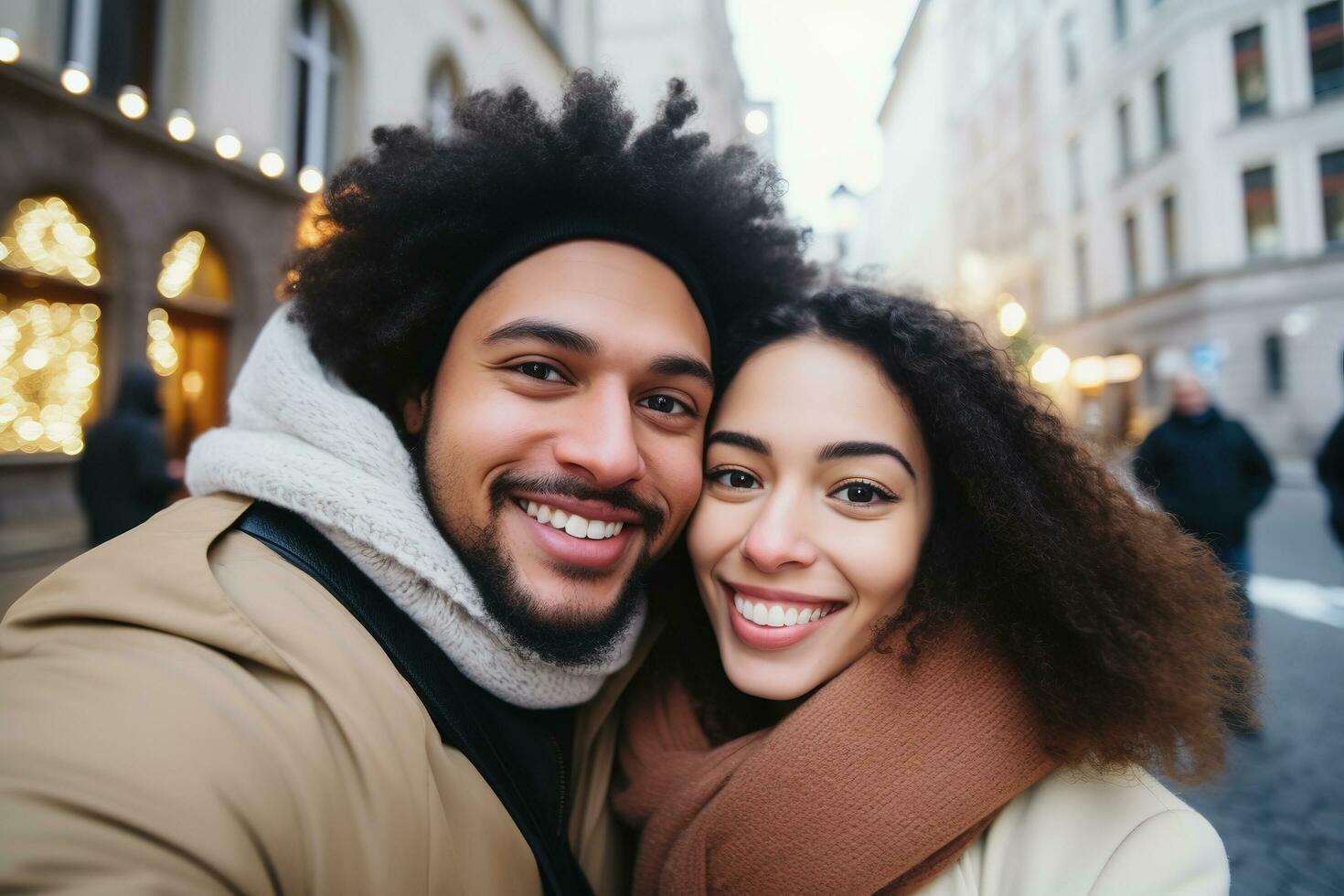 ai generado interracial Pareja en ciudad en invierno Europa vacaciones. estilo de vida y viaje foto