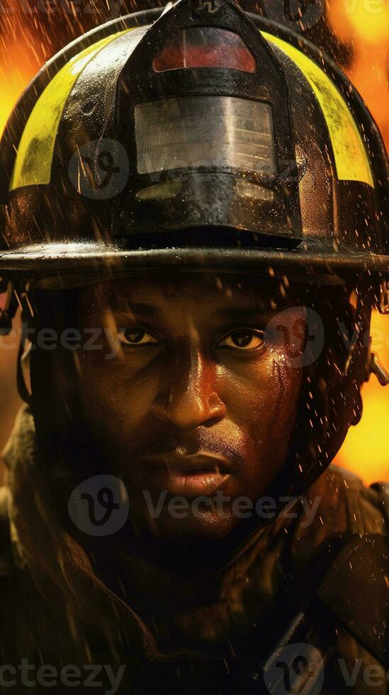 Exhausted firefighter close up portrait in sweat, fire and smoke. Generative AI photo