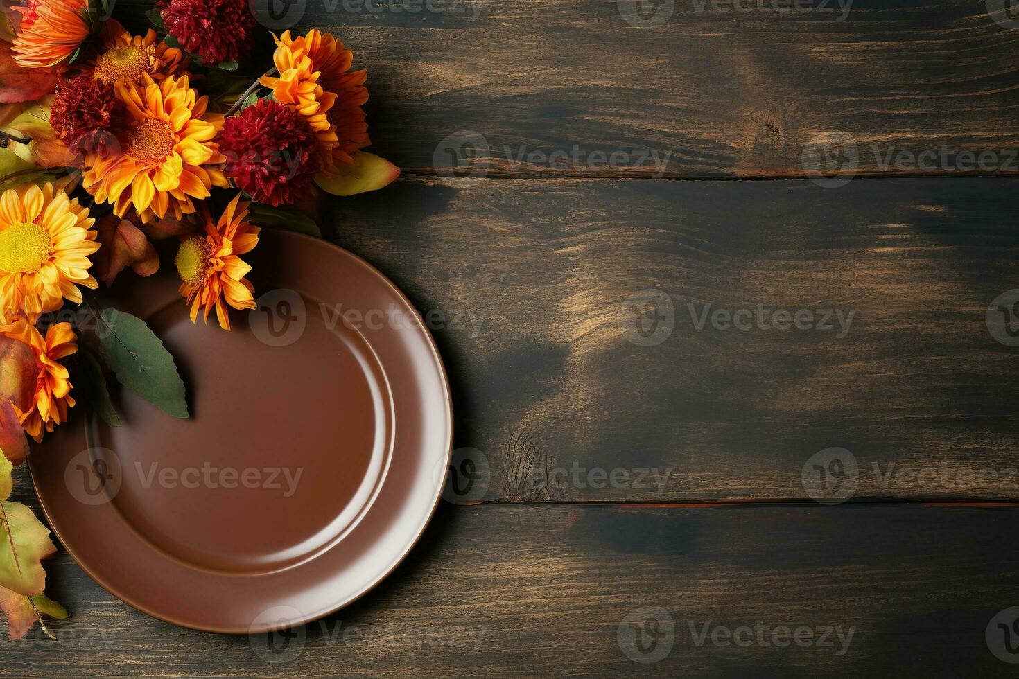 Thanksgiving background with empty plate and flowers on rustic wood table. Top view, copy space AI Generative photo