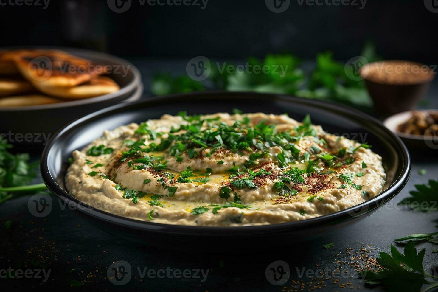 AI Generated Baba Ganoush. Eastern Mediterranean grilled eggplant dip. Vegetarian starter food photo