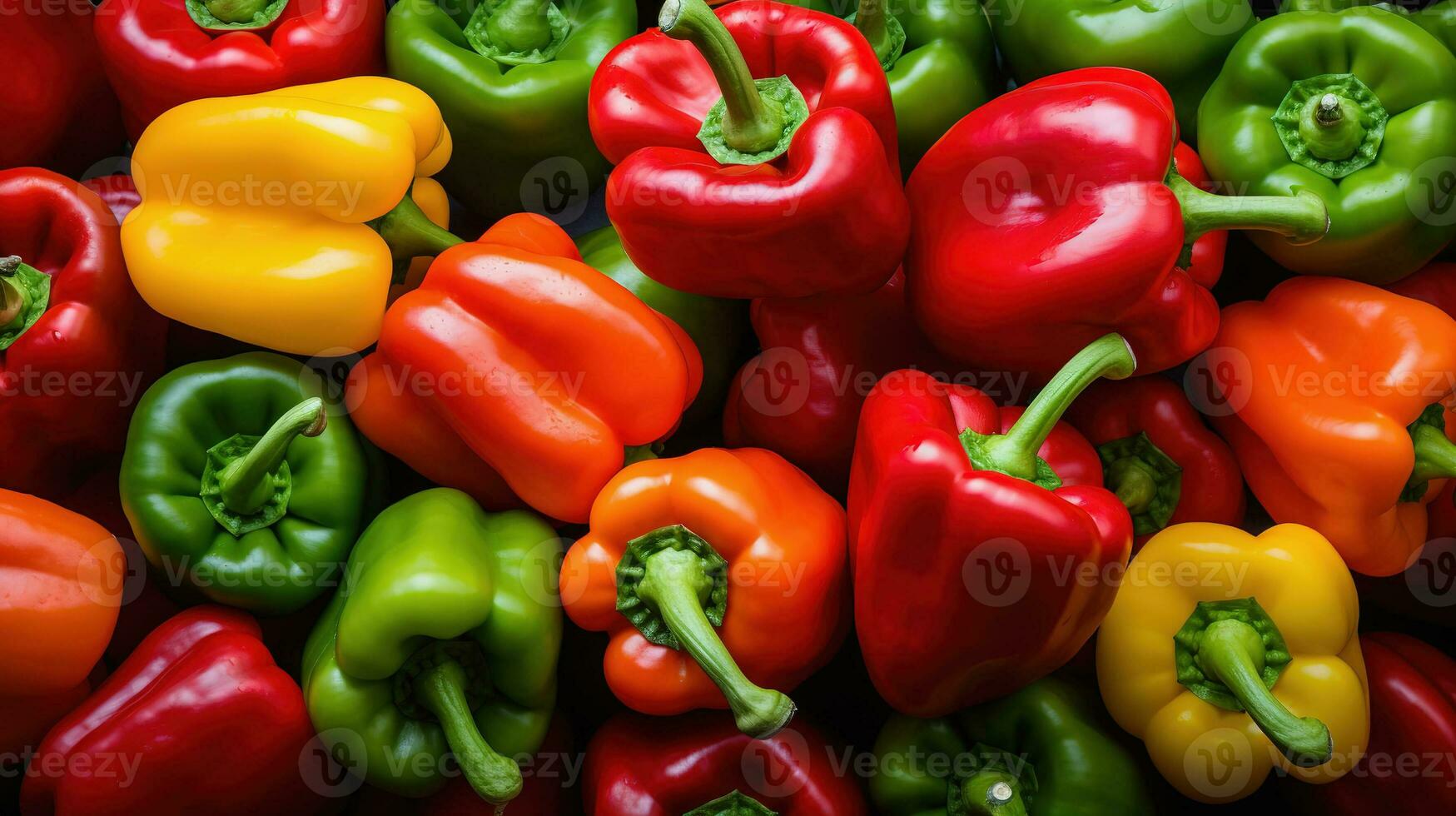 rojo, verde, amarillo campana pimienta antecedentes. cosecha otoño estación. parte superior abajo ver ai generativo foto