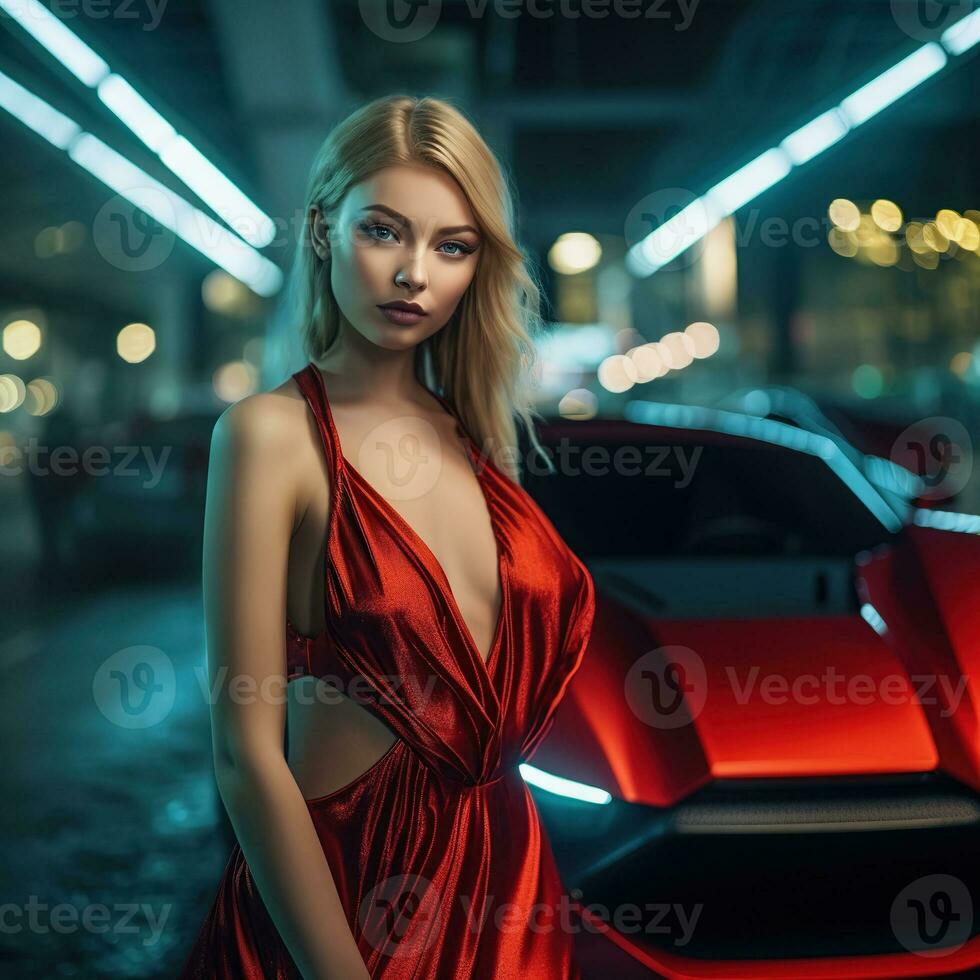 rubia mujer en rojo seda vestir siguiente a lujo deporte coche. la vida nocturna ai generativo foto