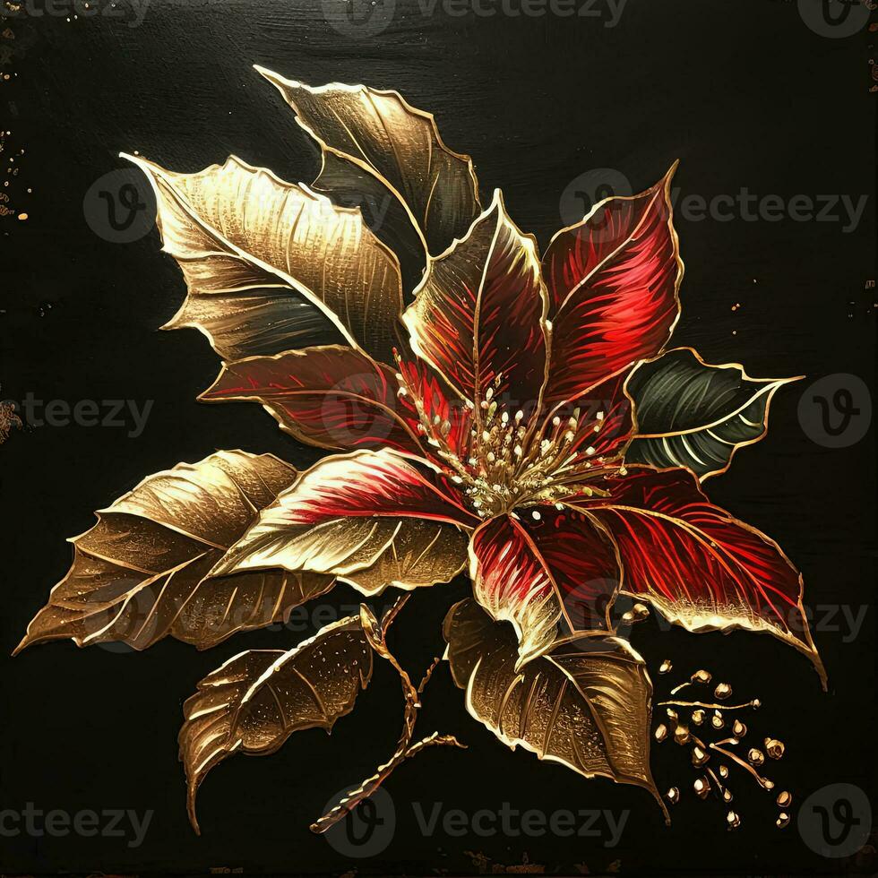 Luxury floral oil painting. Gold and red Christmas poinsettia flower on black background AI Generative photo