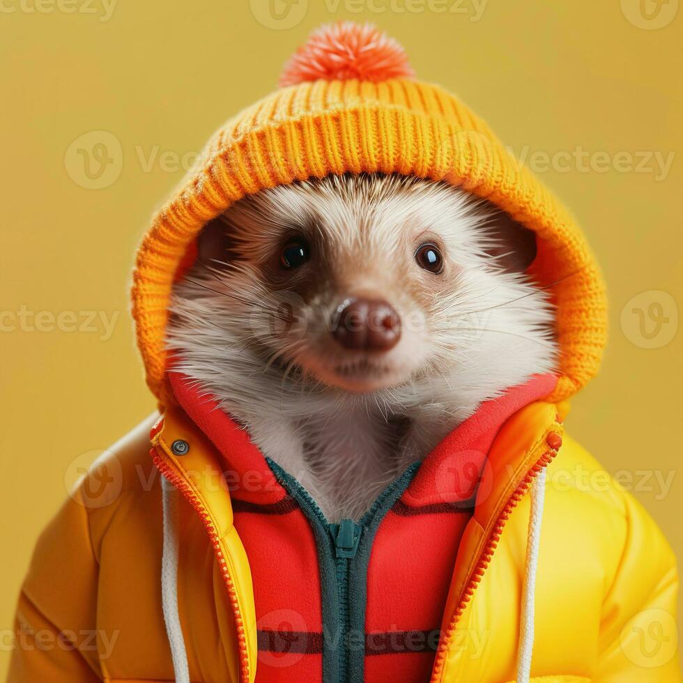 Hedgehog in fall winter hooded jacket. Fashion portrait. Pop art lifestyle AI Generative photo