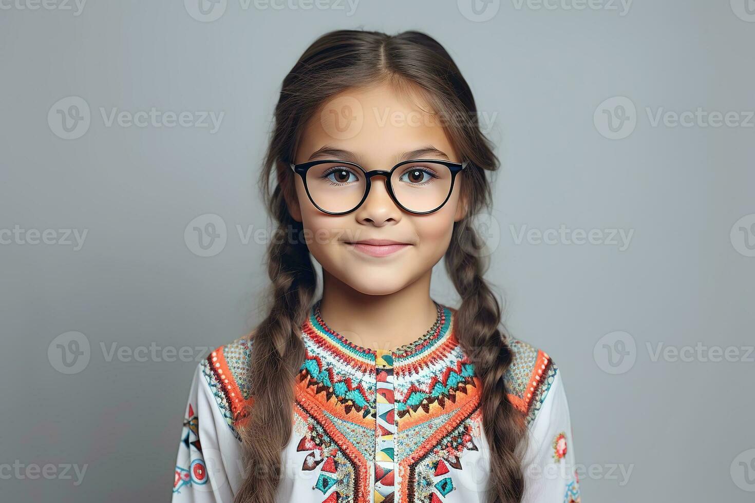 School pupil, Native American girl in glasses on background with copy space, back to school AI Generative photo