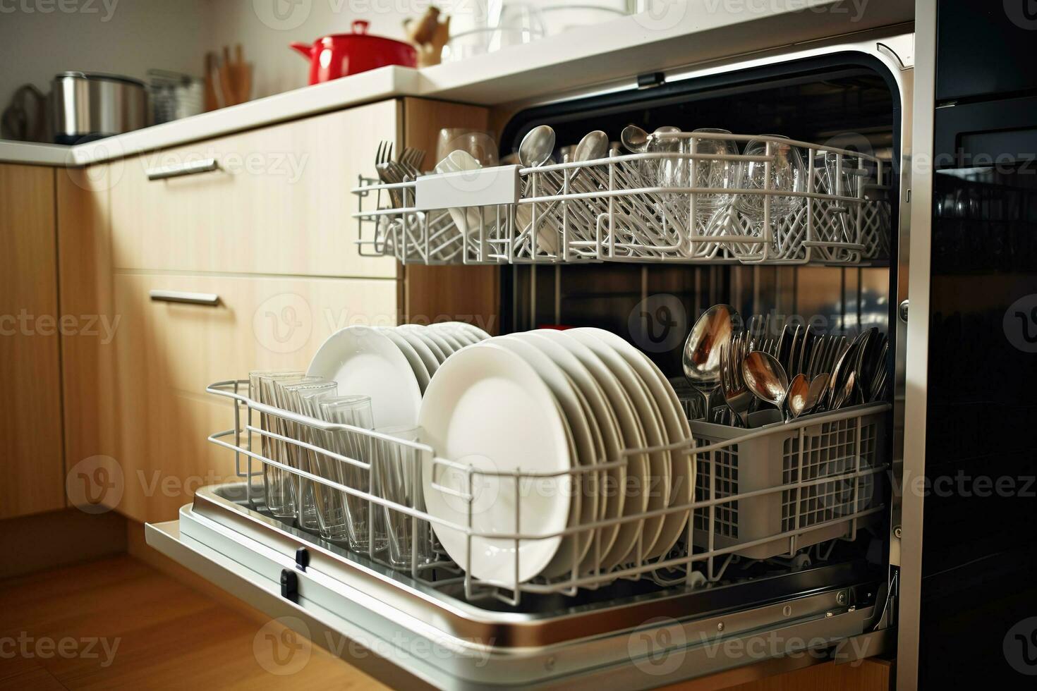 Loaded opened dishwasher machine with clean dishes in kitchen AI Generative photo