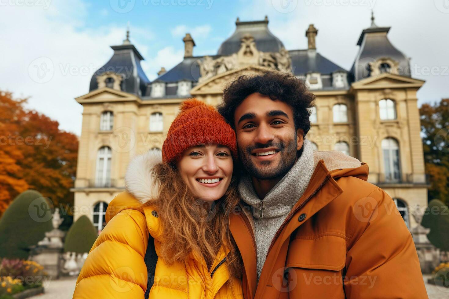 interracial Pareja a castillo en europeo ciudad en otoño vacaciones ai generativo foto