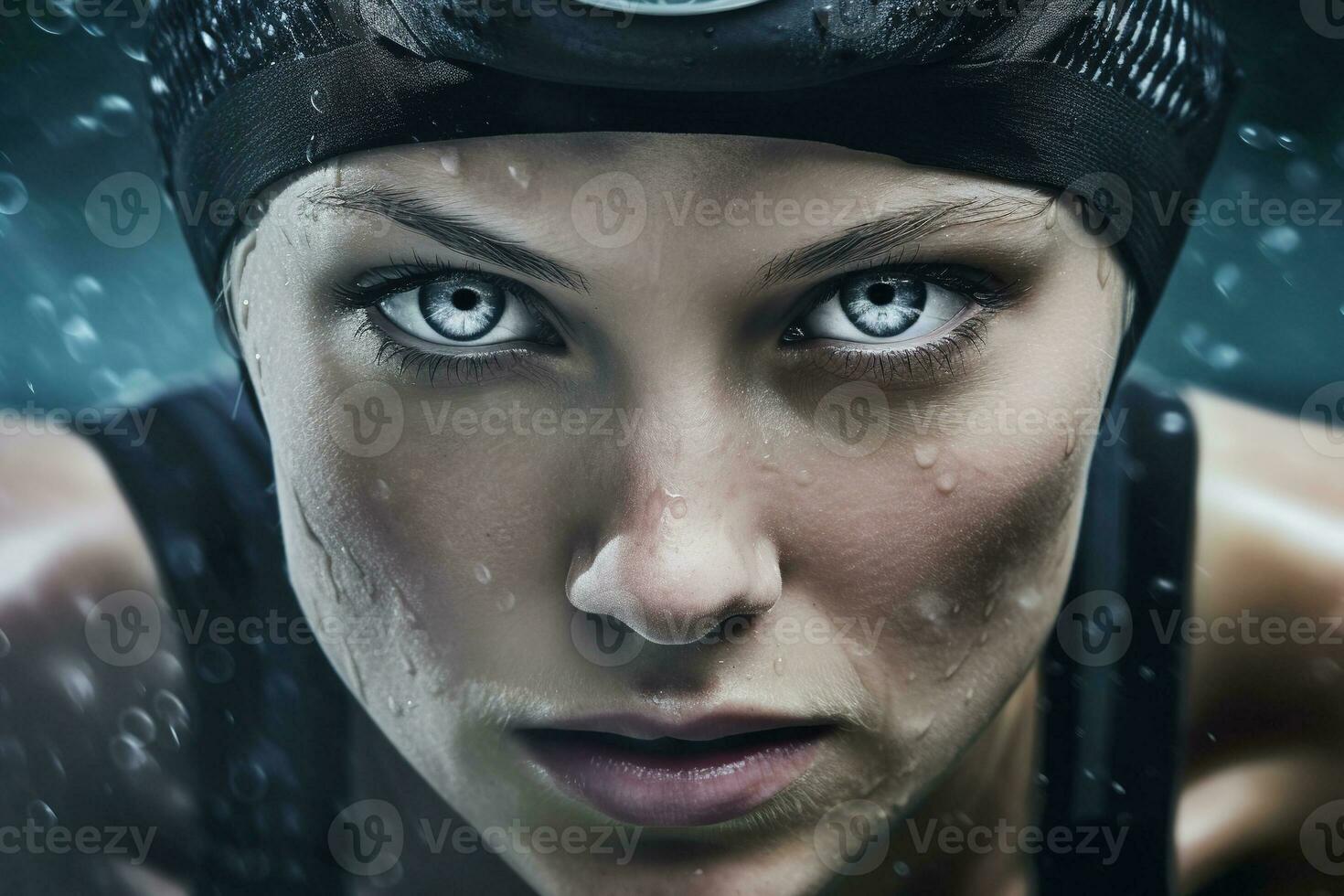 Young female professional Olympic swimmer, woman swimming front view, closeup with water splash AI Generative photo