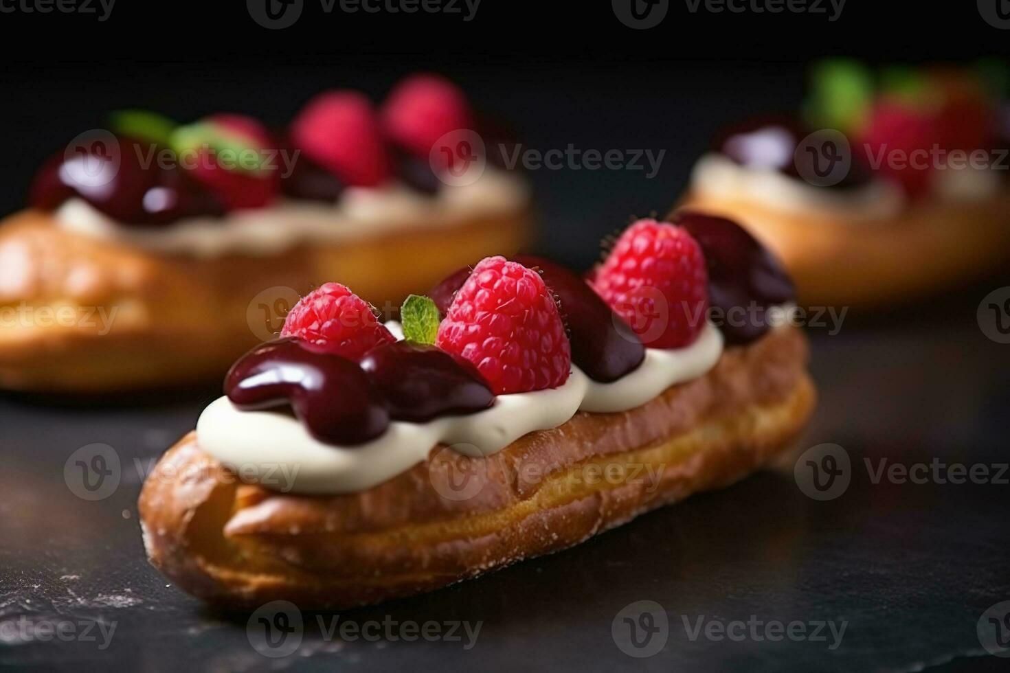 Eclairs with berries and creamy filling. Traditional French pastry dessert AI Generative photo