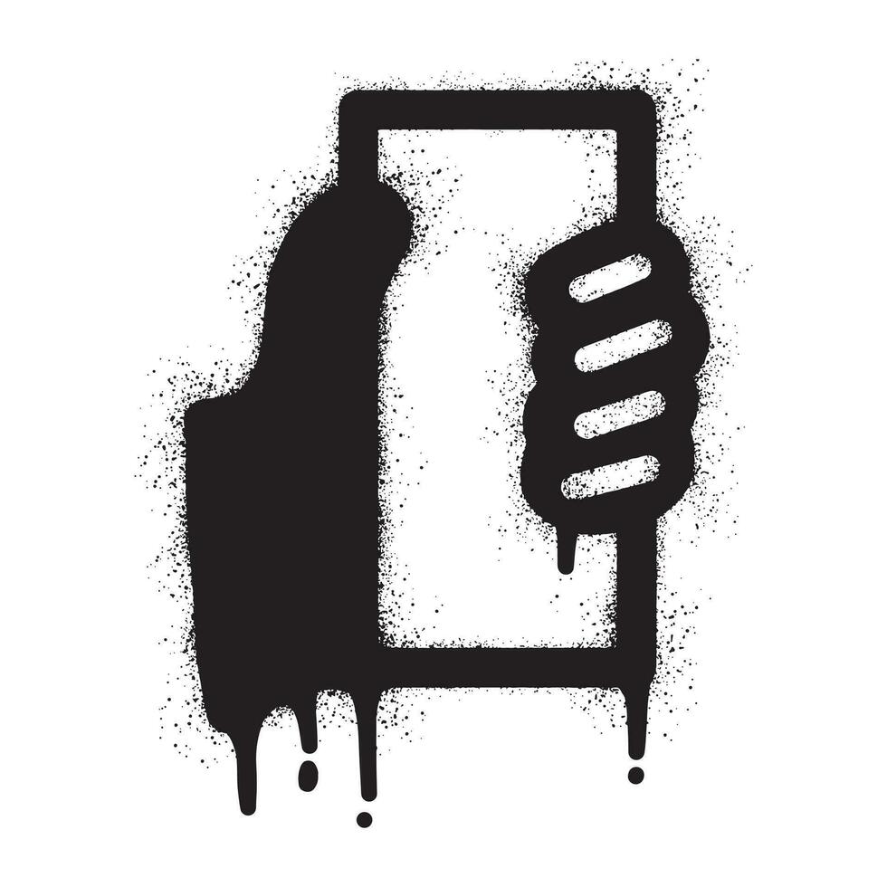 Graffiti of a hand holding a cellphone with black spray paint, vector