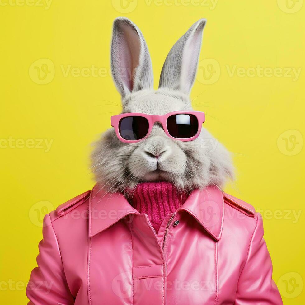 Fashion rabbit in pink faux leather jacket. Trendy pink color. Pop art portrait, lifestyle AI Generative photo