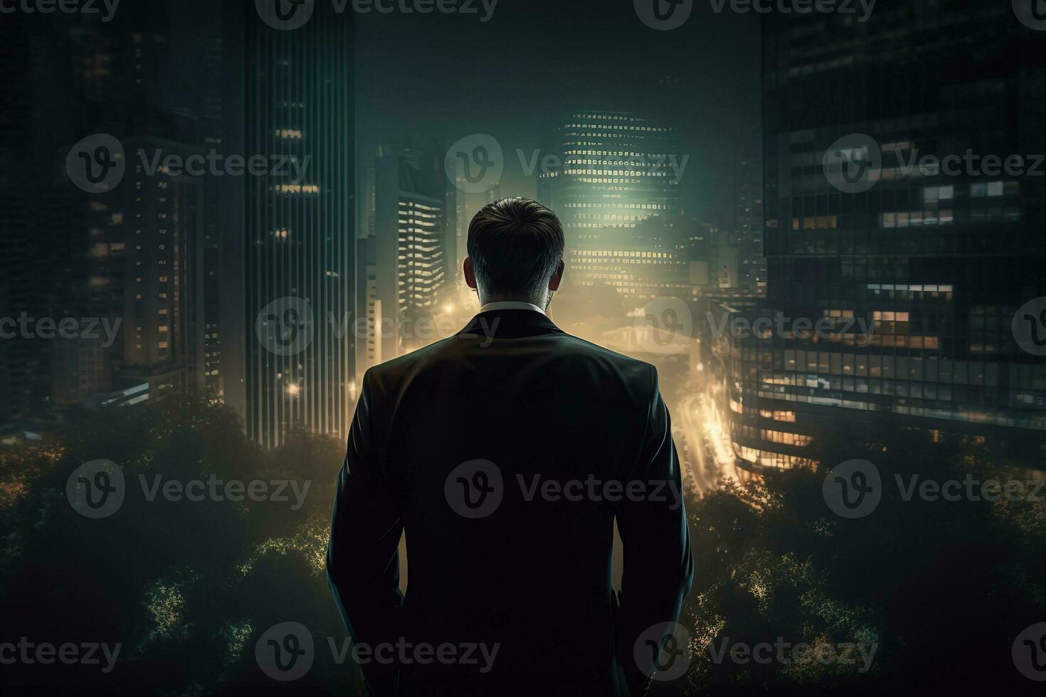 Man in suit in melancholic city at night. Abstract career challenge in city jungle concept, rear view. AI Generative photo