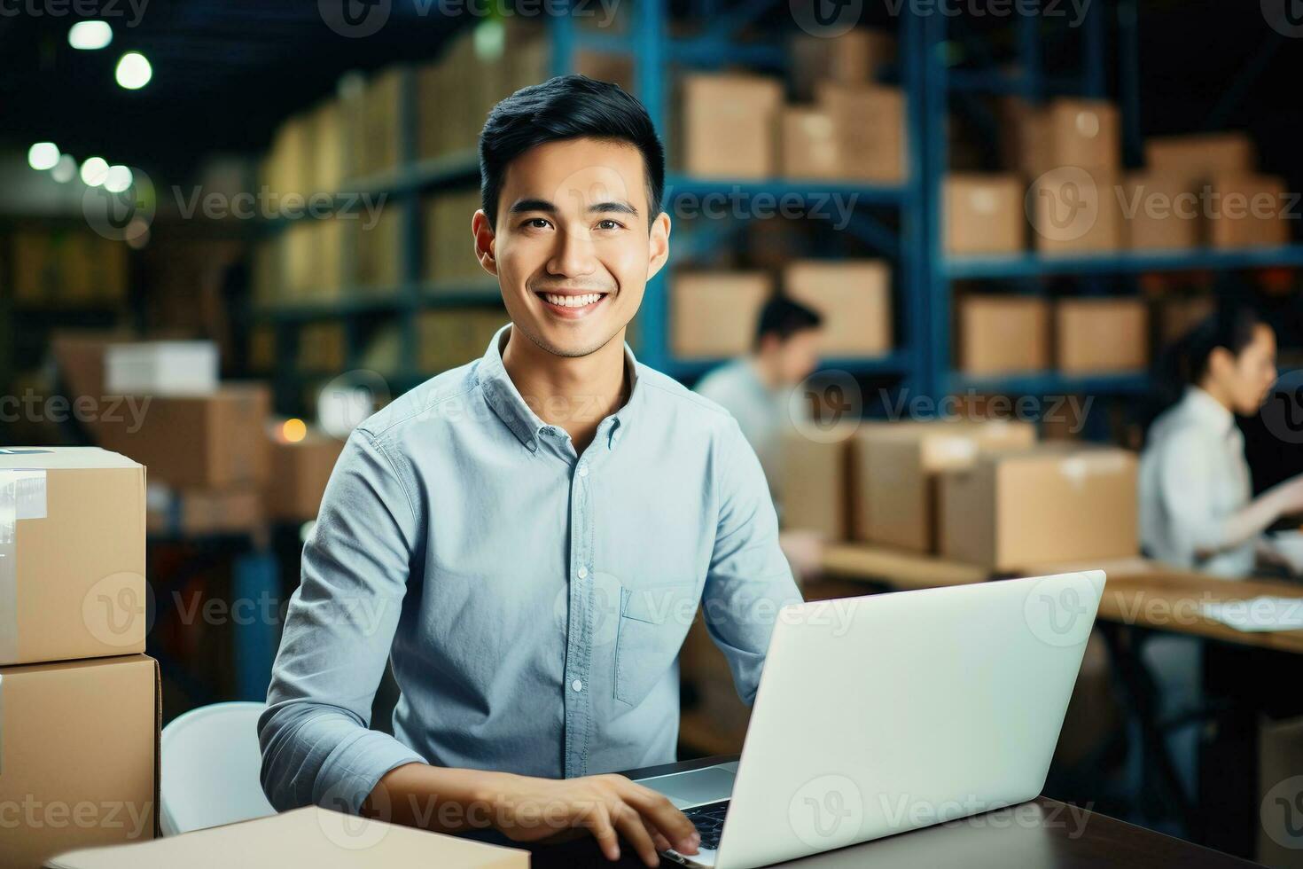 Asian male warehouse manager with laptop in distribution center. Storehouse package supervisor and shipment manager AI Generative photo