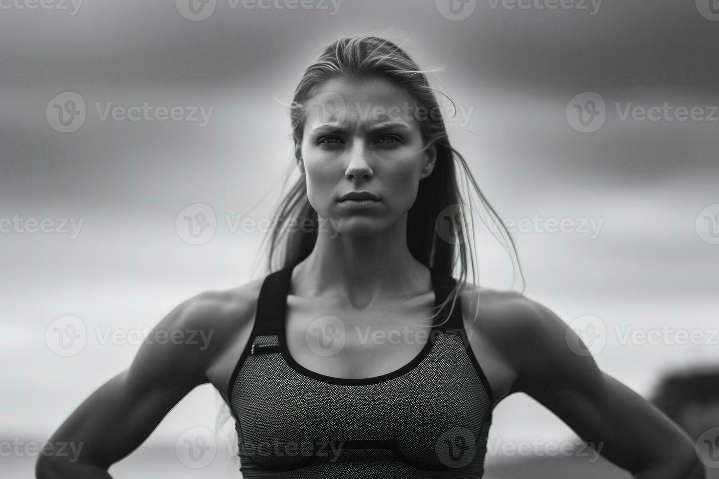 Young female professional Olympic swimmer, woman front view, close up black and white portrait AI Generative photo