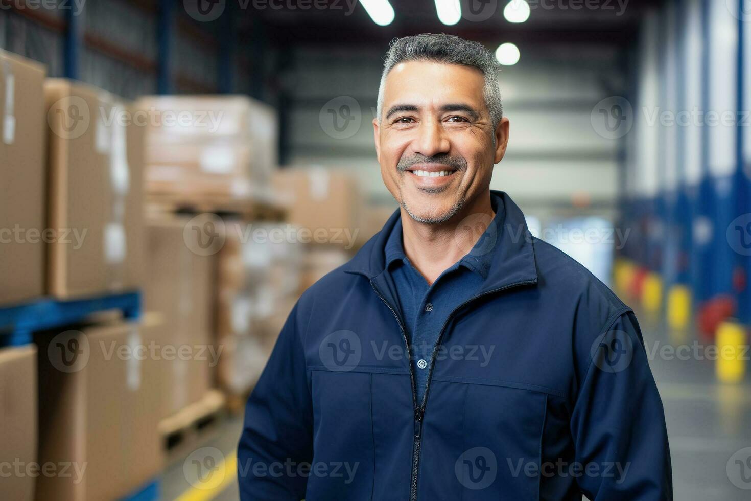 Hispanic male warehouseemployee in distribution delivery center. Storehouse package supervisor AI Generative photo