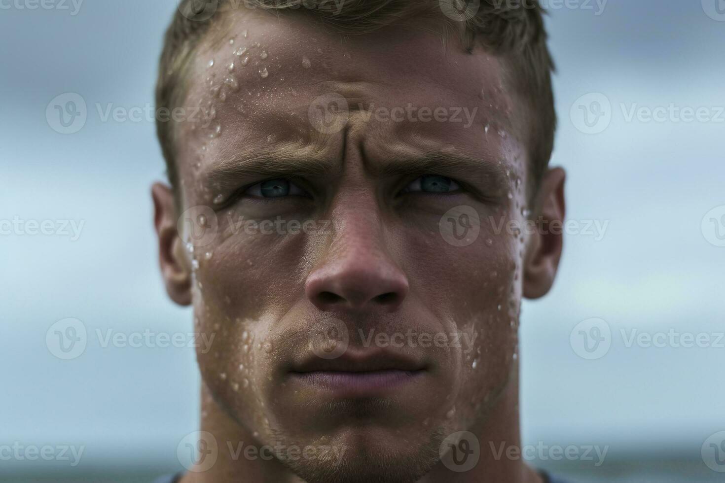 Young male professional muscular swimmer, man swimming front view, closeup portrait AI Generative photo