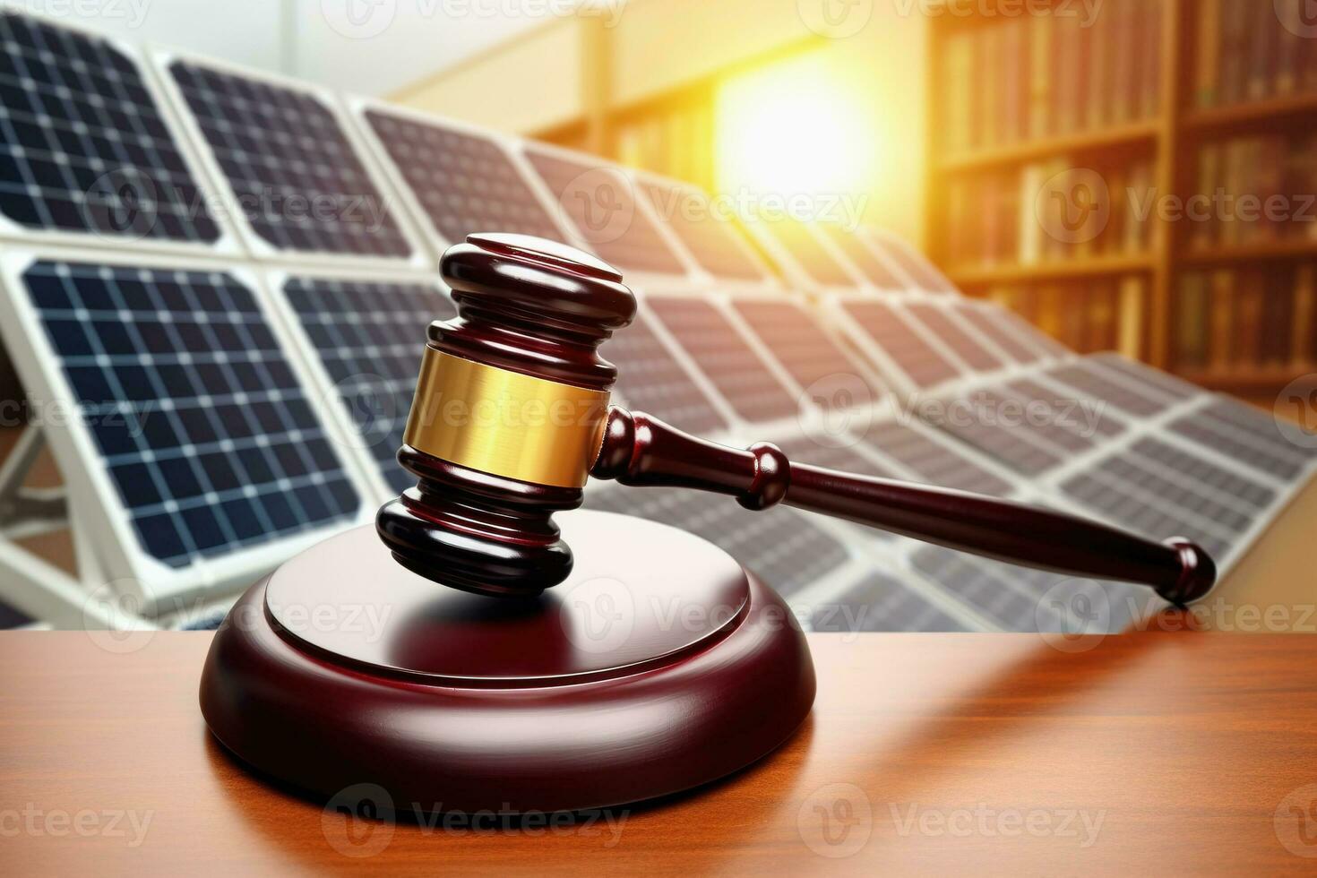 Court room hammer and solar panels. Law for photovoltaic solar energy. Legal framework for distribution and generation. AI Generative photo