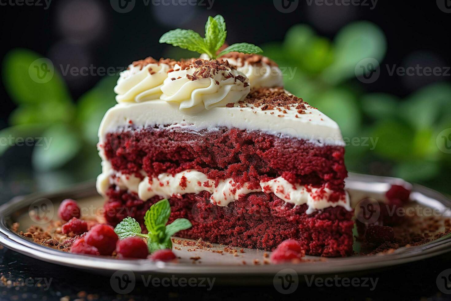 AI Generated Red Velvet Cake on plate. Festive holiday dessert for party photo