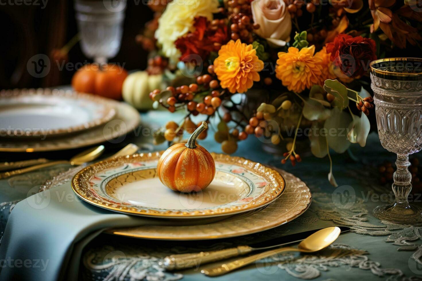 AI Generated Thanksgiving festive table setting with autumnal decor for party. Holidays, catering and celebration photo