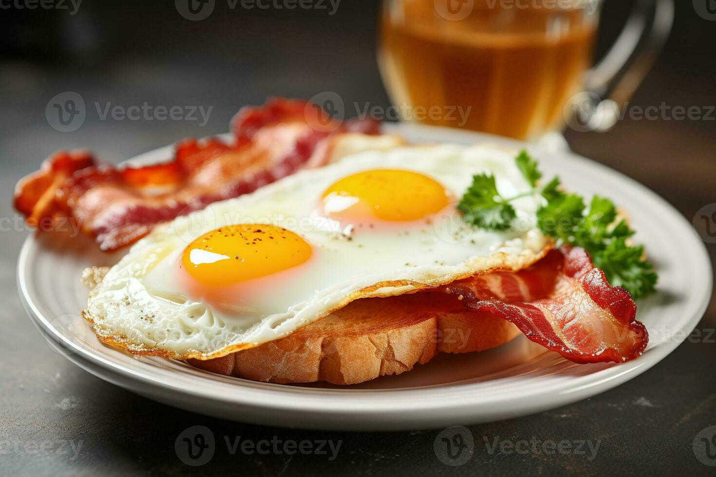 AI Generated English breakfast with bacon, eggs and toast bread on plate photo
