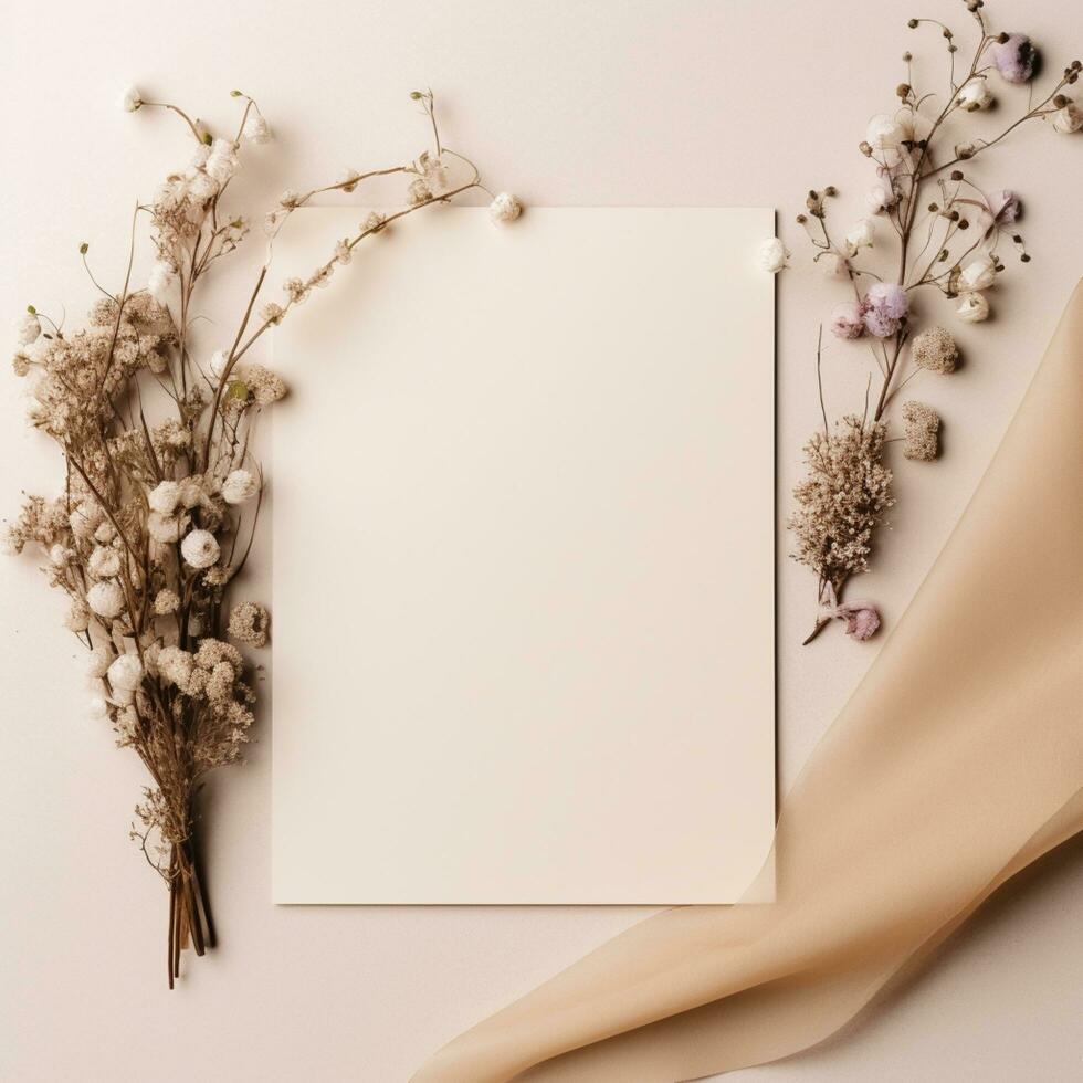 mockup invitation card white paper with dandelions photo