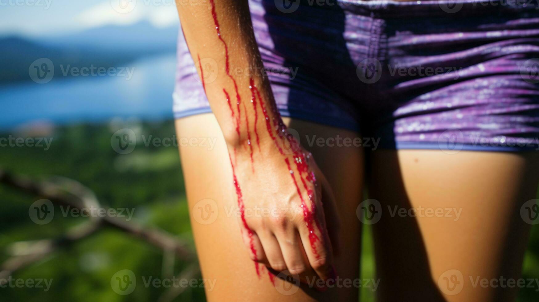 Injured woman with blood on her body, on hand outdoors. photo