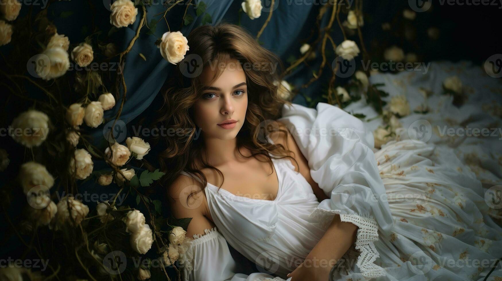 retrato de un hermosa joven mujer en un blanco vestir acostado en el cama con flores peinado Moda niña con ondulado sano cabello. romántico hembra soñando foto
