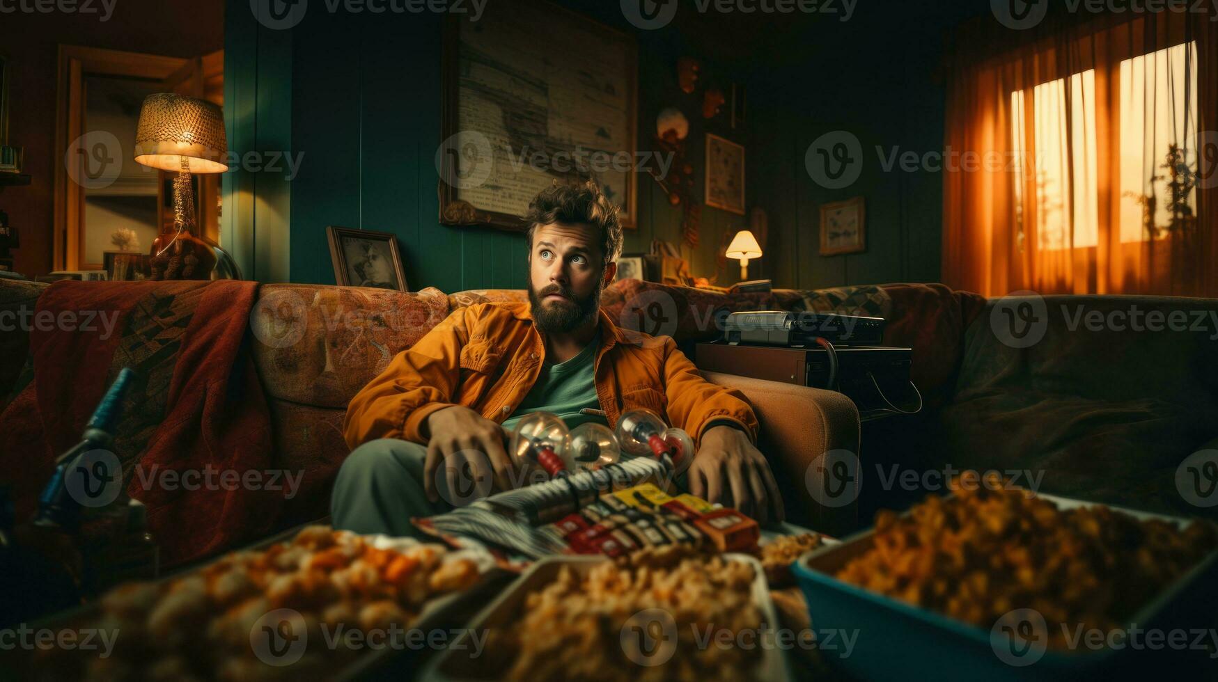 Young man sitting on the couch with a lot of junk food. photo