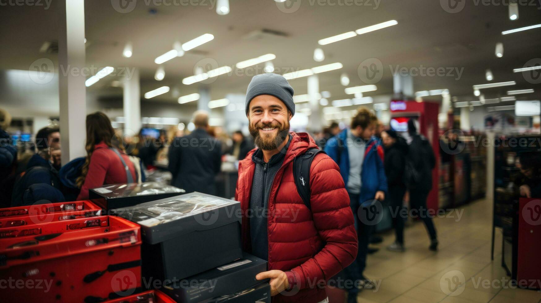 Bearded man in a red jacket and a hat looking at the camera while standing in the shopping center and holding boxes. photo