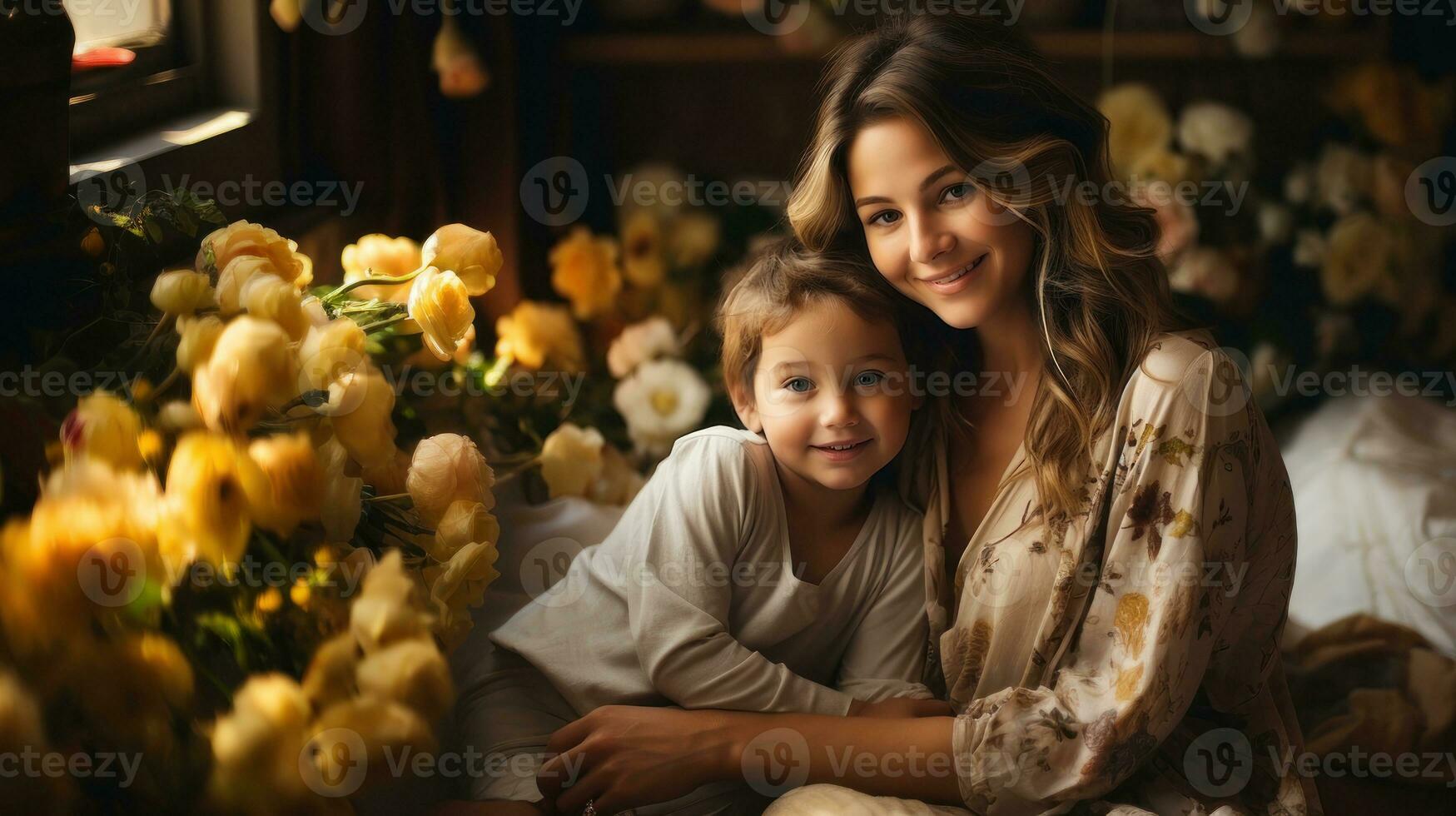hermosa joven madre y su pequeño hijo sentado en el cama con amarillo rosas flores foto