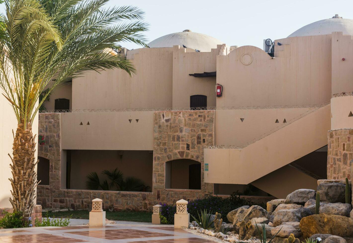 buildings with palm trees in a resort on vacation photo